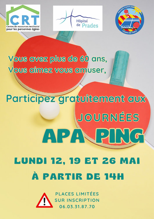 Affiche pour les sessions APA Ping d'avril, qui auront lieu les lundis 12, 19 et 26 mai 2025, à partir de 14h